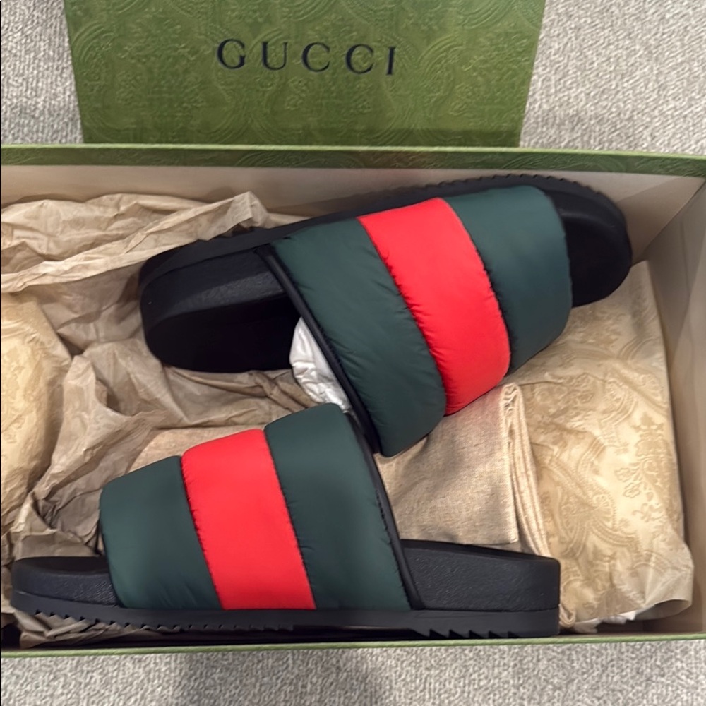 Gucci Black Slides with Red and Green Accents